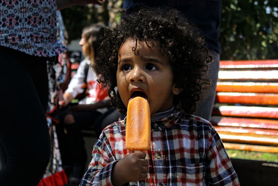 boy, holding, popsicle, daytime, Child, Palette, Ice Cream, Hair, curls, portrait