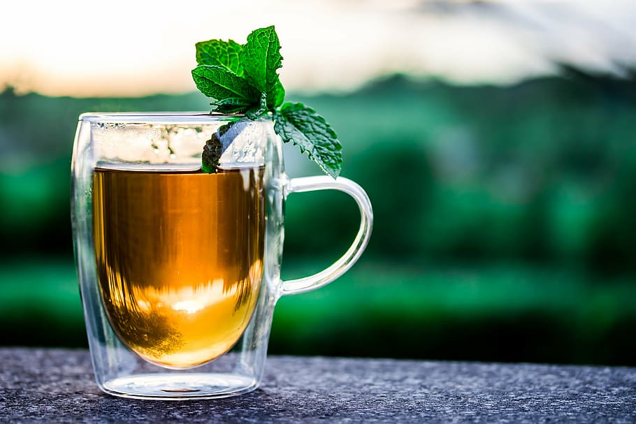 clear glass mug, teacup, cup of tea, tee, drink, hot, peppermint tea, peppermint leaves, enjoy, theine