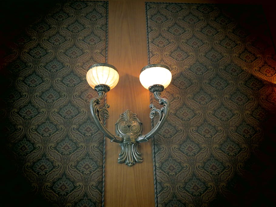 lámpara, aplique, luz, bombilla, hierro forjado, forjado, hierro, década de 1920, interior, antiguo