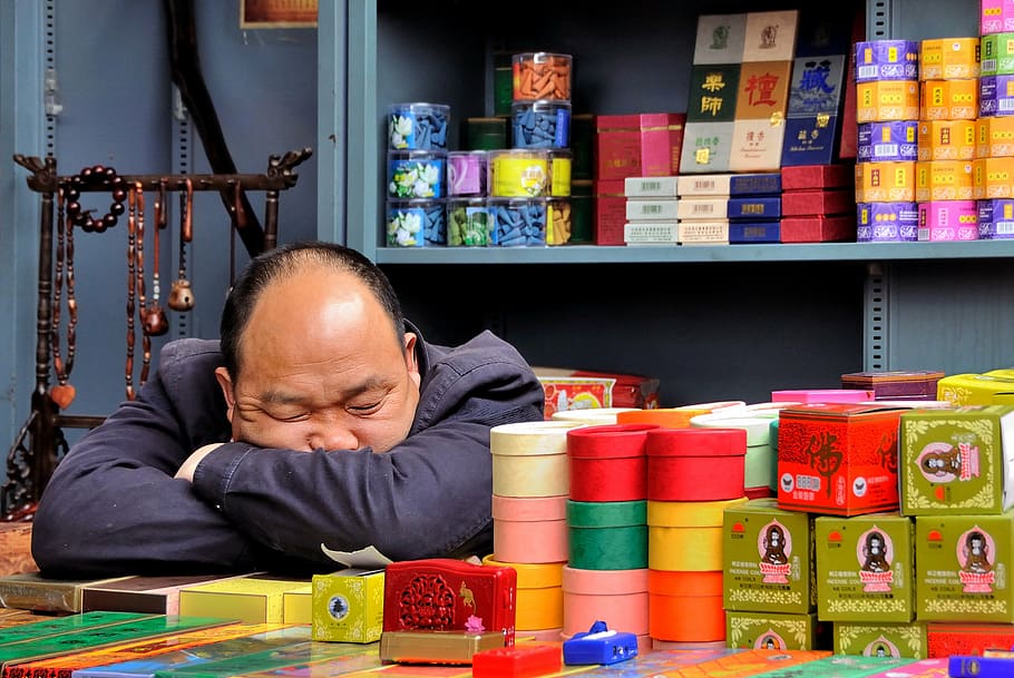 man, leaning, table, market, asleep, etal, incense, sleep, pekin, beijing