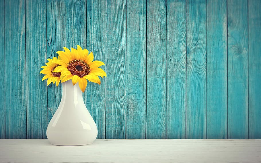 two, yellow, sunflowers, white, ceramic, vase, sun flower, vintage, retro, wall