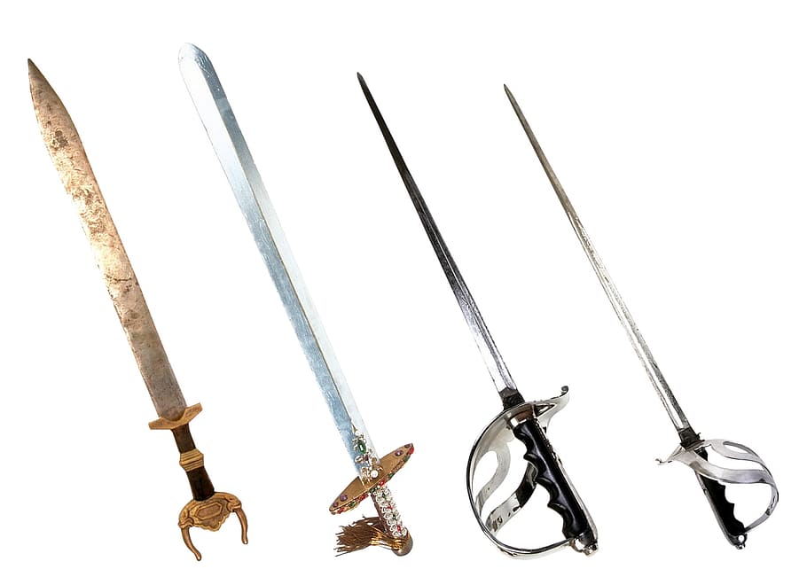 four assorted swords, swords, sword, battle, steel arms, blade, handle, steel, sharp, hobby