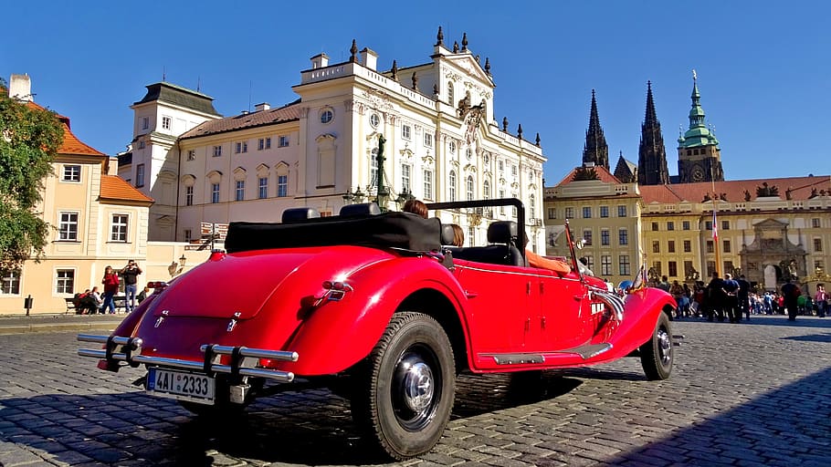 classic, red, sedan, convertible, white, building, daytime, czech republic, prague, moldova