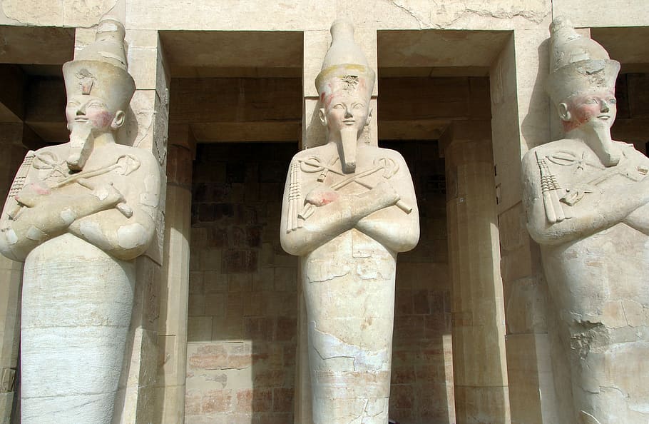 egyptian statues, egypt, valley of the queens, hatshepsut, temple pillars, statues, pharaoh-woman, sculpture, art, architecture
