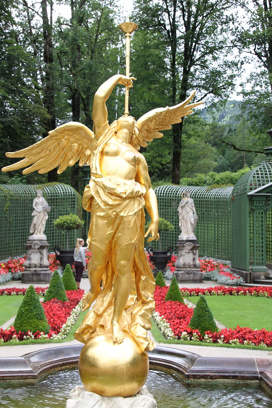 angel, gold, statue, castle, new navy blue, golden statue, park, garden, golden, places of interest
