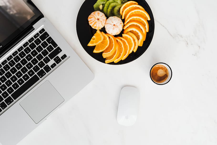 donuts, coffee, flat, flatlay, marble, white, desk, Macbook, Laptop, food and drink