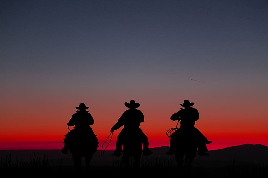 cowboys, cowboy, horse, mountains, mountain, sunset, silhouette, sky, group of people, men