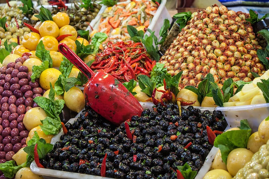 разнообразие, еда, ящик, марокко, рынок, оливки, базар, мекнес, лимоны, еда и напитки