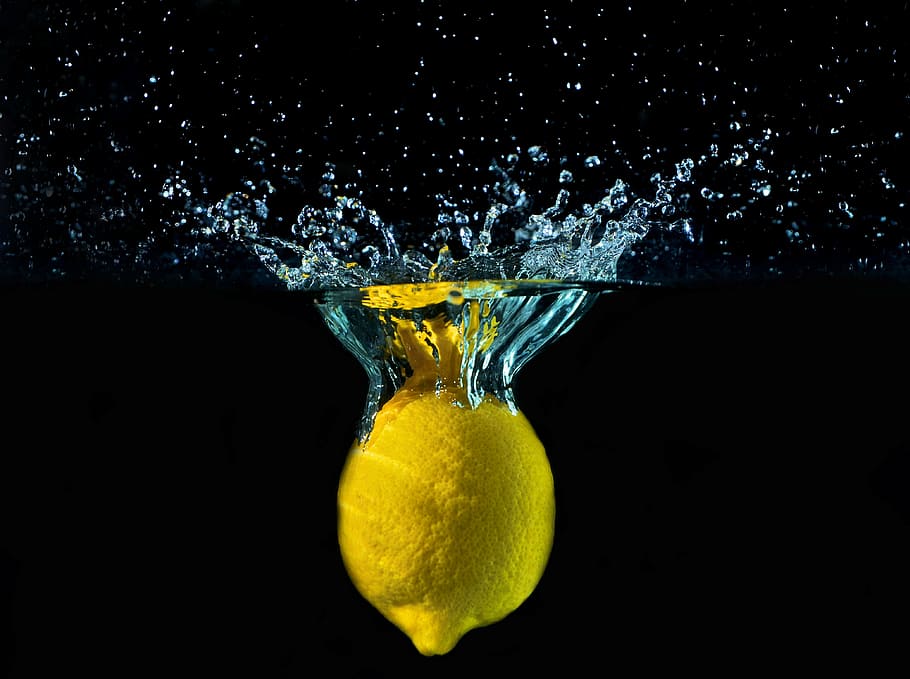 yellow, lemon, dropped, body, water, drops, movement, colors, šplouchanec, detail