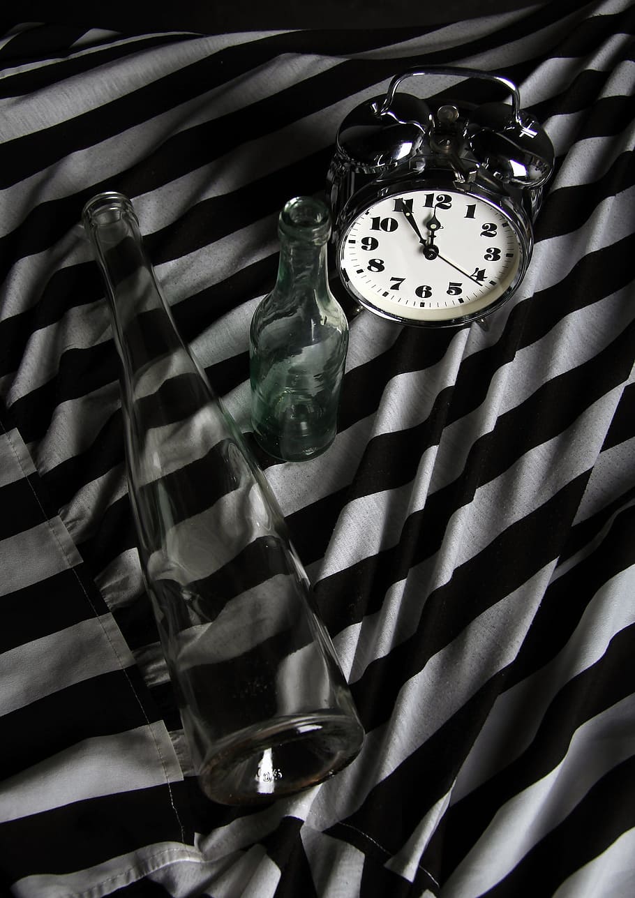 Time, Clock, Alarm Clock, Glass, Studio, time, clock, glass, studio, b w photography, a bottle of, composition