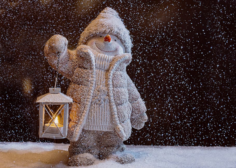 snowman, lantern, christmas, christmas motif, snow, christmas greeting, christmas time, shining, light, greeting card
