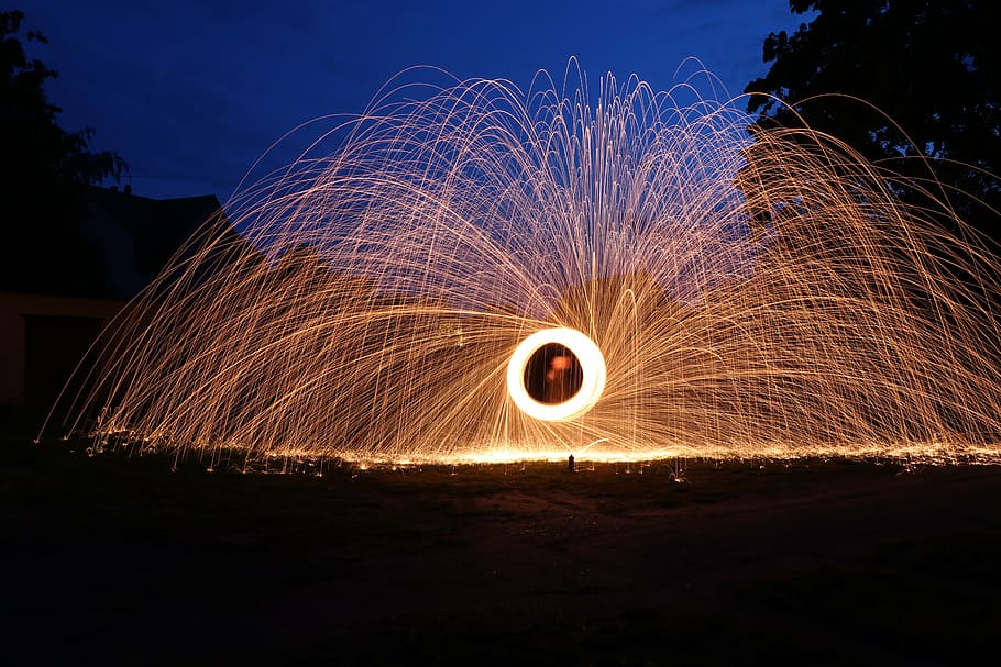 time lapse photography, round, brown, fireworks, light painting, steel wool, night, swirl, turn, photo art