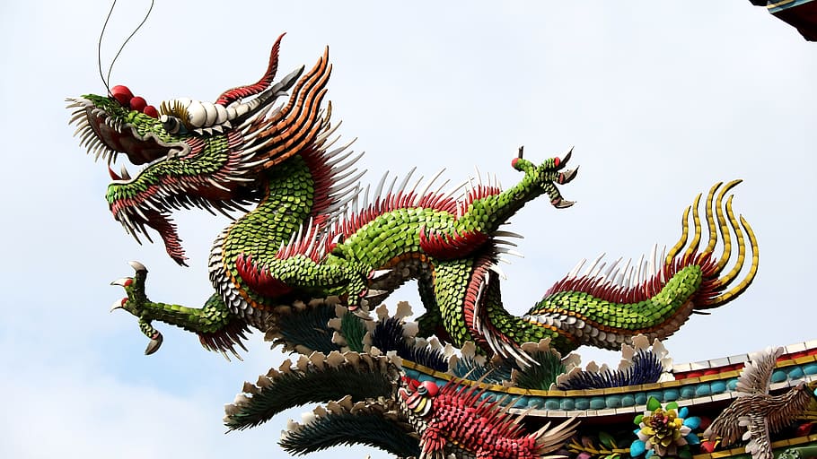 green, red, dragon statue, dragon, the myth story, god, god'll, temple, animal, china the myth
