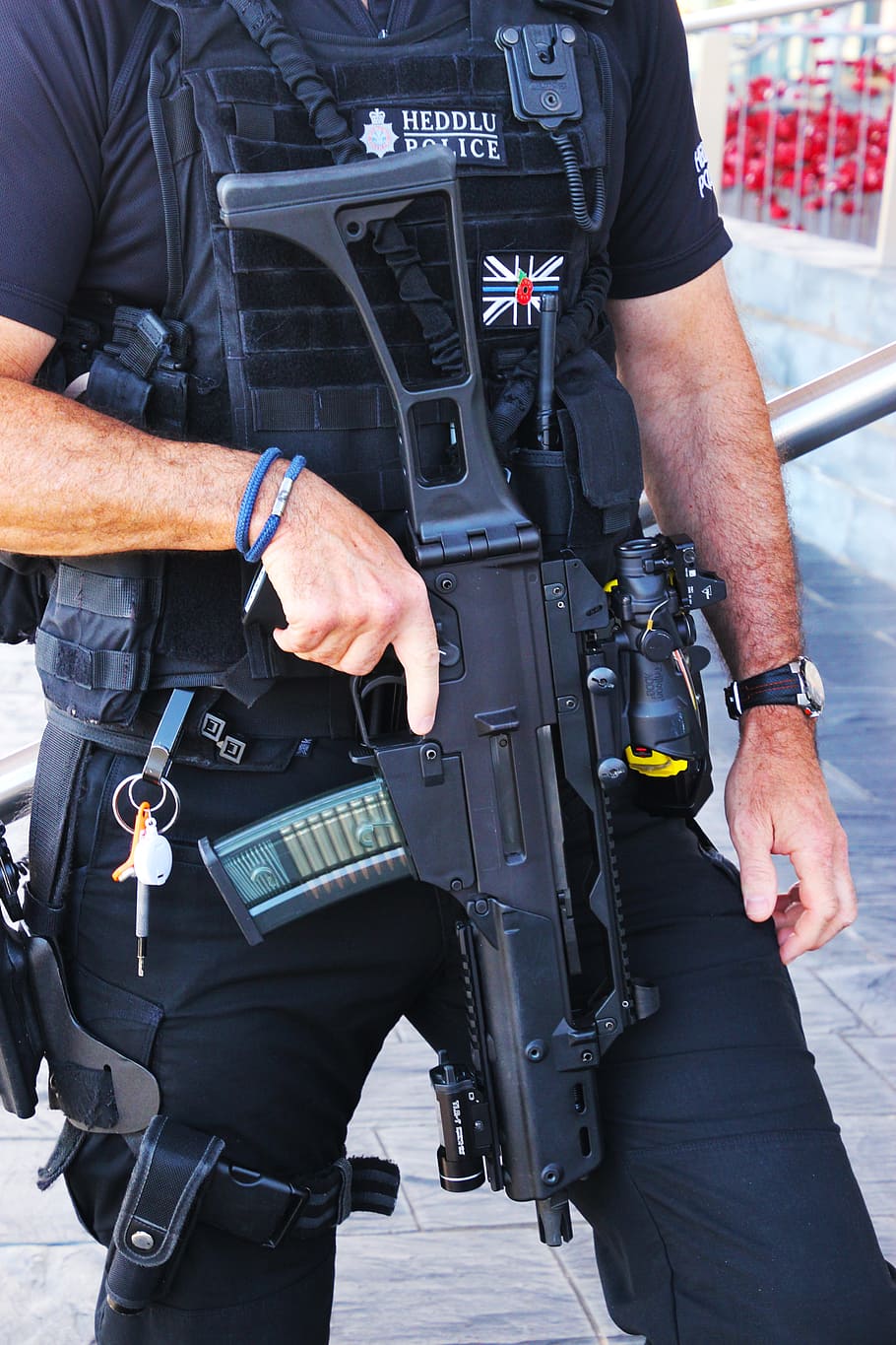 man, holding, assault rifle, policeman, officer, police, law, uniform, cop, security