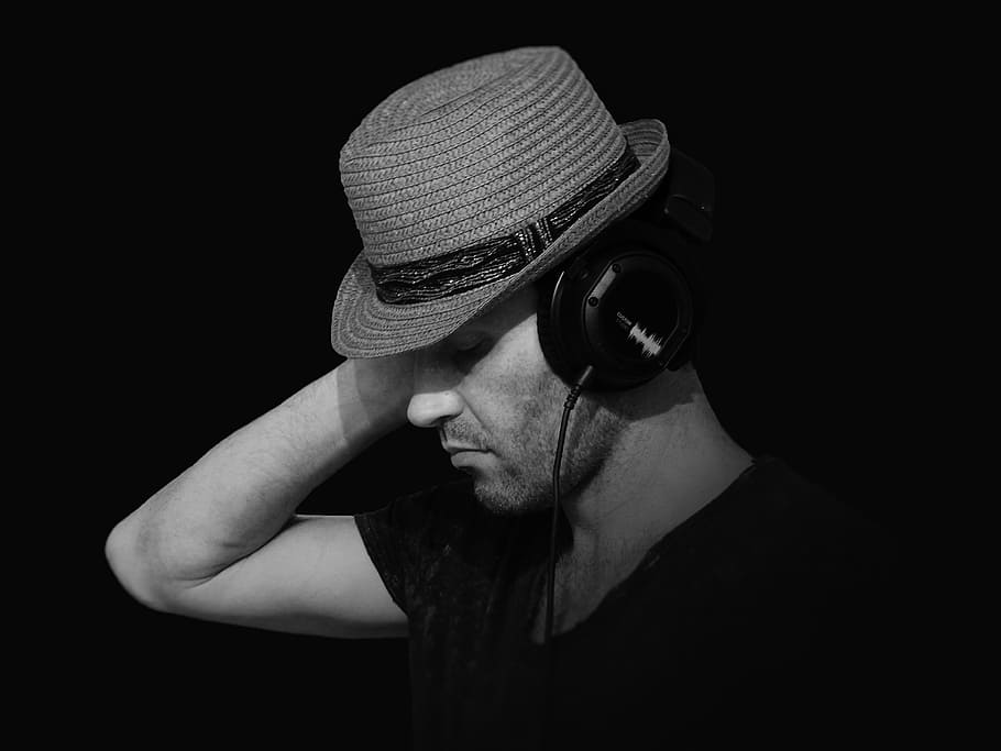 grayscale photo, man, wearing, headset, grayscale, music, hifi, headphones, sound, audio