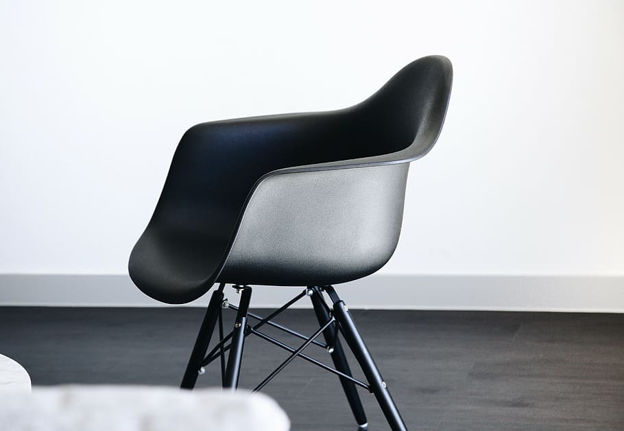 pedestal chair, white, room, chair, black, steel, wall, black and white, floor, business