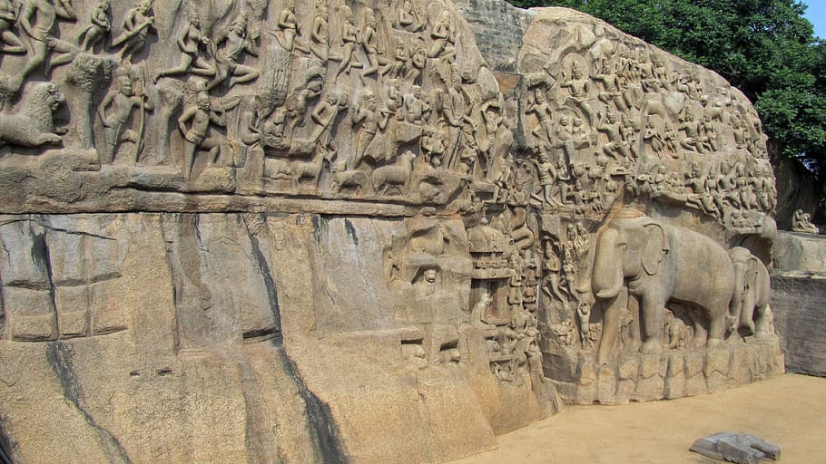 mahapalipuram, índia, alívio, mamíferoapuram, descida do ganga, granito, escultura, arte e artesanato, representação, artesanato