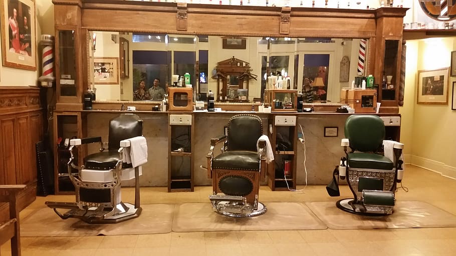 three, barber, chairs, mirror, barbershop, old time, indoors, seat, chair, table