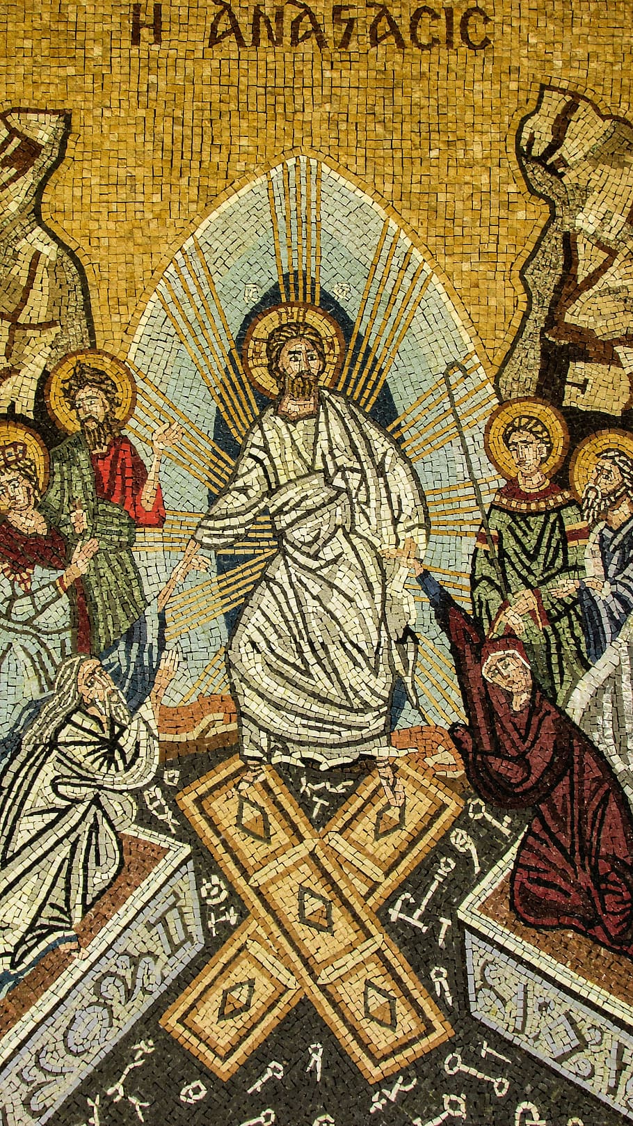 resurrection, mosaic, church, orthodox, religion, cyprus, perivolia, agia eirini, art and craft, pattern