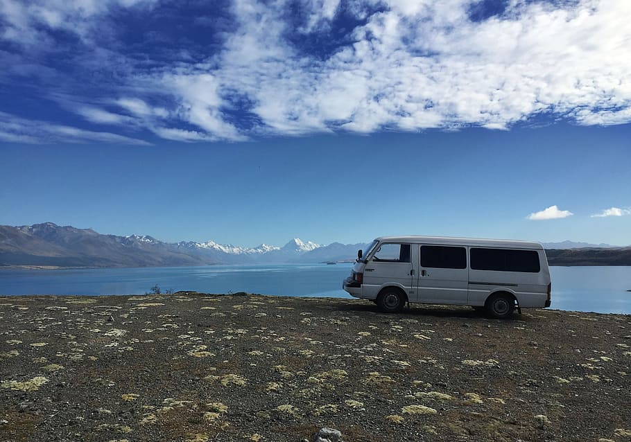 viajes, camioneta, camping, vista, magnífico, lago, naturaleza, viaje, cielo azul, vacaciones