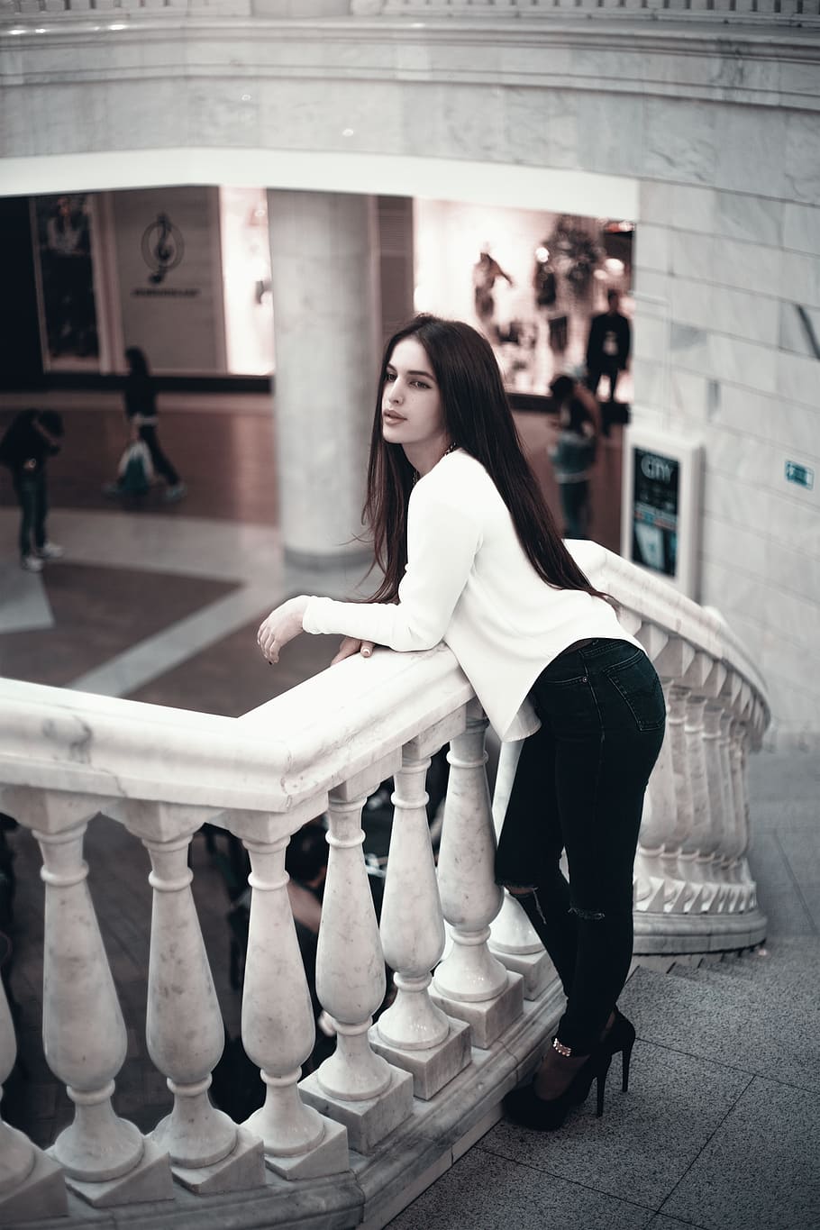 woman, wearing, white, long-sleeved, shirt, standing, staircas, girl, stylish, gum
