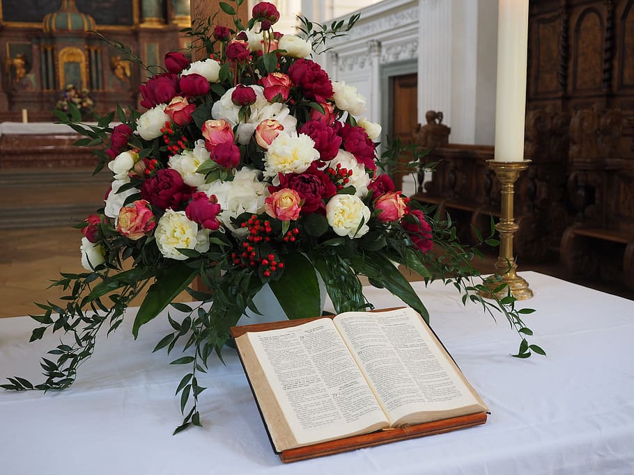 white, red, flowers, book, bible, wedding altar, bouquet, wedding, roses, faith