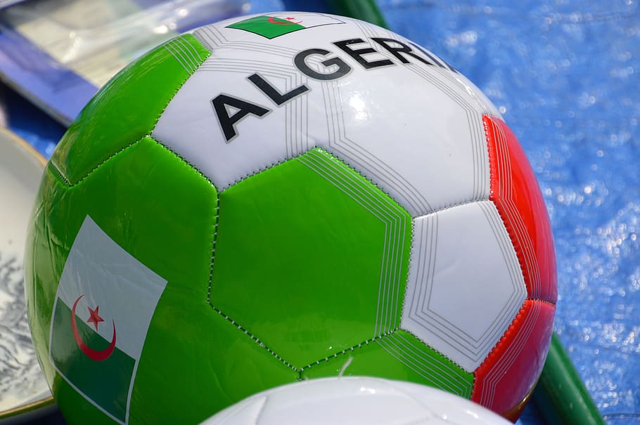 ball, soccer ball, football, exhibition, flea market, vide-grenier, algeria, ball leather, leather, ball green white red
