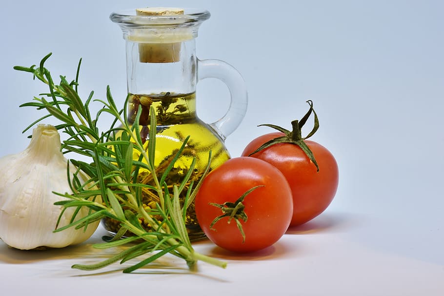 dos, rojo, tomates, oliva, frasco de aceite, blanco, cebolla, aceite, aceite de oliva, comida