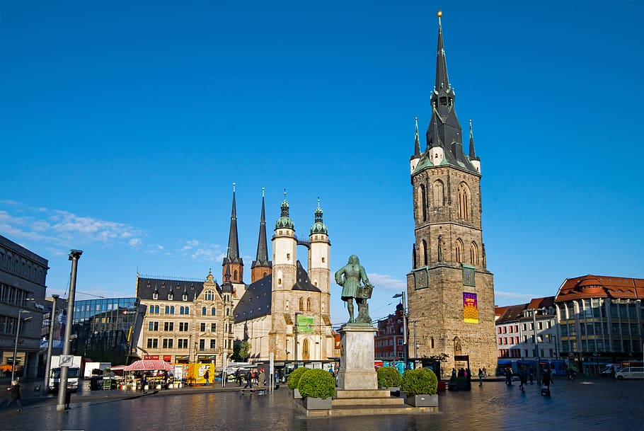 Saale, Saxony-Anhalt, Germany, hall, marketplace, st mary's church, market church, red tower, handel, monument