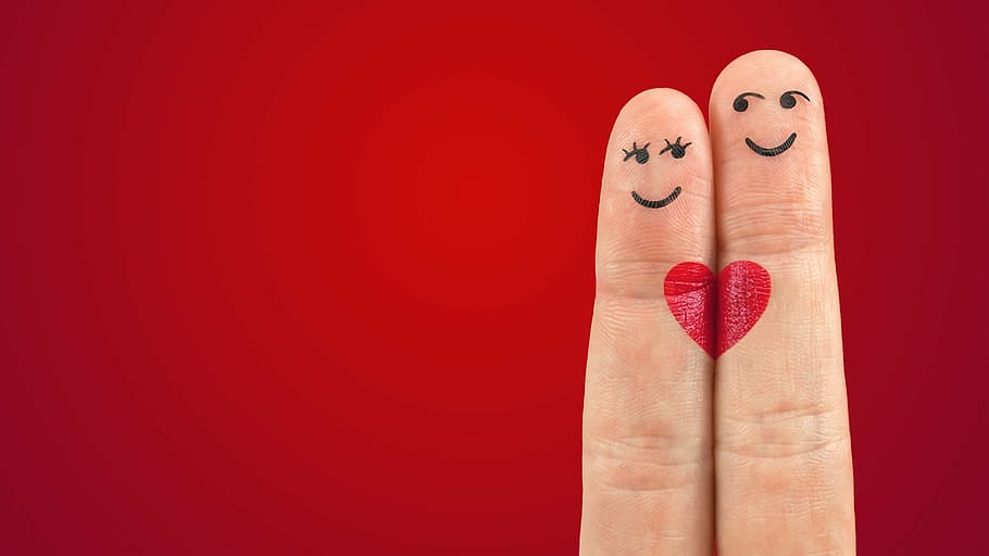 person's two fingers, art, fingers, heart, love, pair, red, lipstick, close-up, colored background