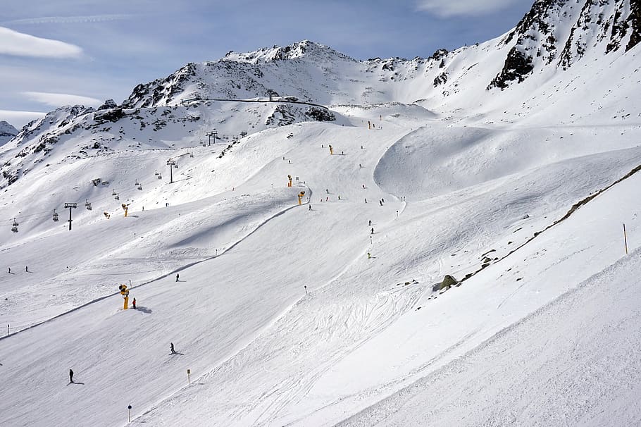 sölden, austria, skiing, mountains, alps, nature, slopes, snow-capped peaks, snow, the descent