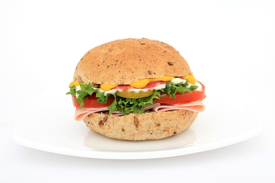 hamburger, plate, bread, brown, bun, calories, close-up, color, colour, delicious