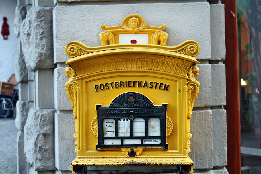 black, mail post box, Mailbox, Old, Historically, Yellow, letter boxes, post mail box, post, box