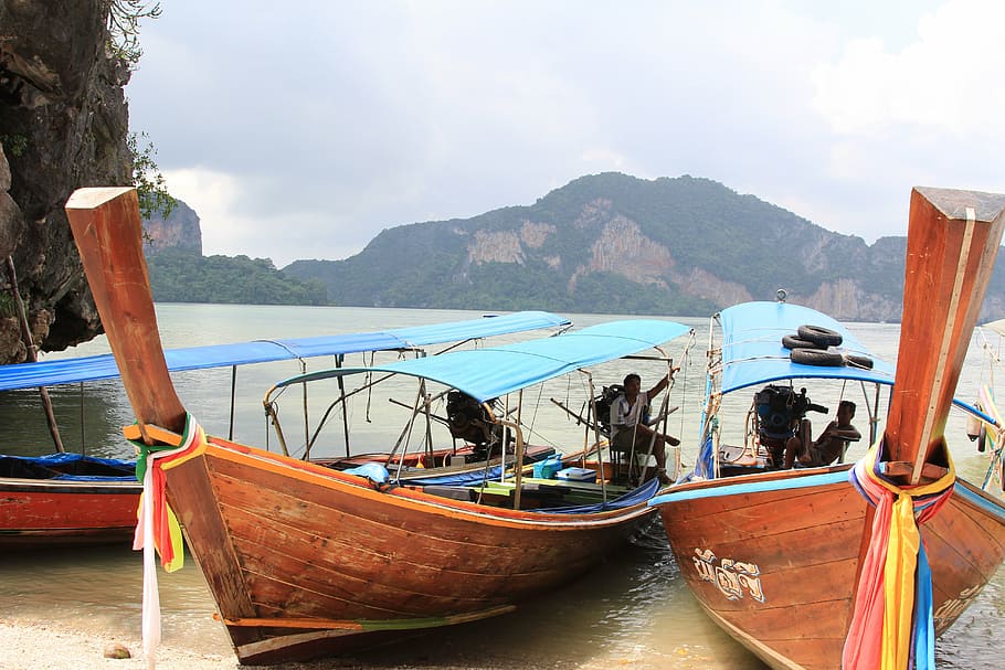 marrón, barcos, formación rocosa, tailandia, barco, viaje, turismo, vacaciones, agua, sudeste de asia