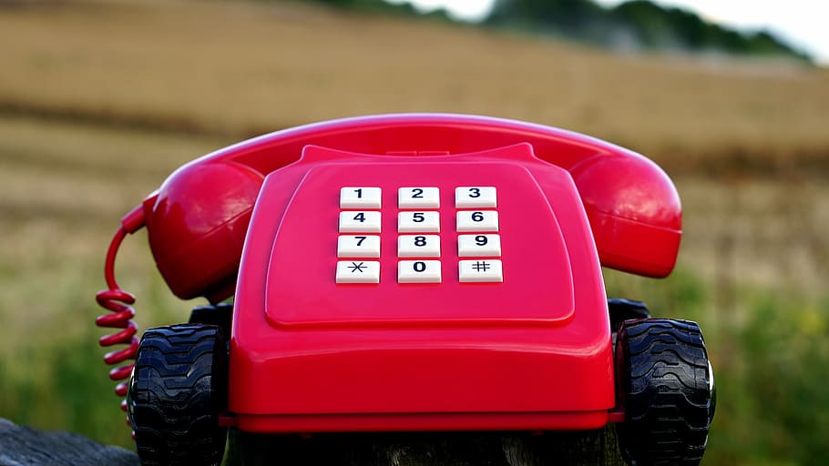 merah, putih, dijalin dgn tali, telepon, alam, rumput, hijau, vintage, komunikasi, menggunakan Telepon