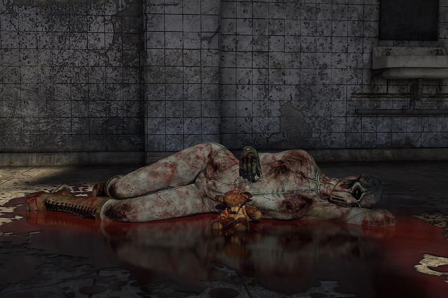 zombie, lying, floor, gray, concrete, wall, horror, blood, monster, bloody