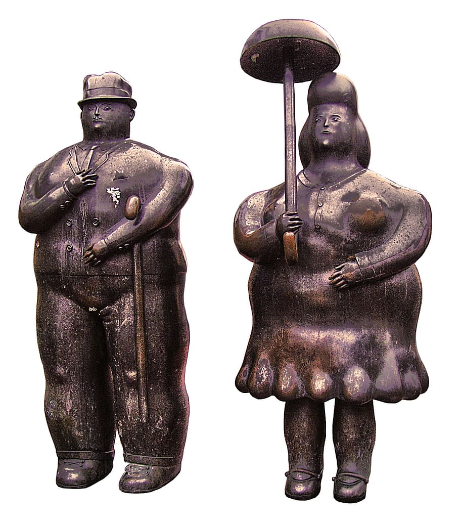 woman, man, pair, sculpture, statue, bronze sculpture, bronze, overweight, isolated, white background