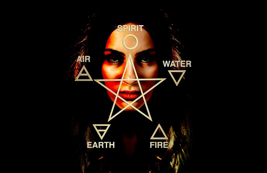 spirit, water, air, earth, fire text, woman, portrait, star shape, fire, face
