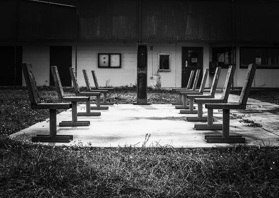 chairs, empty, abandoned, ghost town, buildings, old building, rusty, outside, strange, surreal