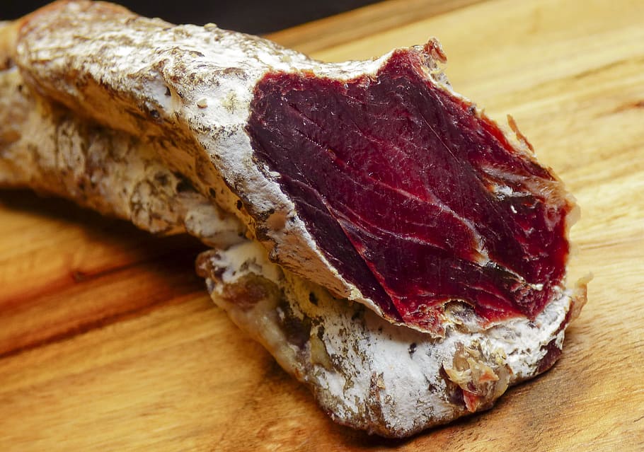 raw, meat, brown, wooden, surface, ham, air dried, delicious, food, tasty