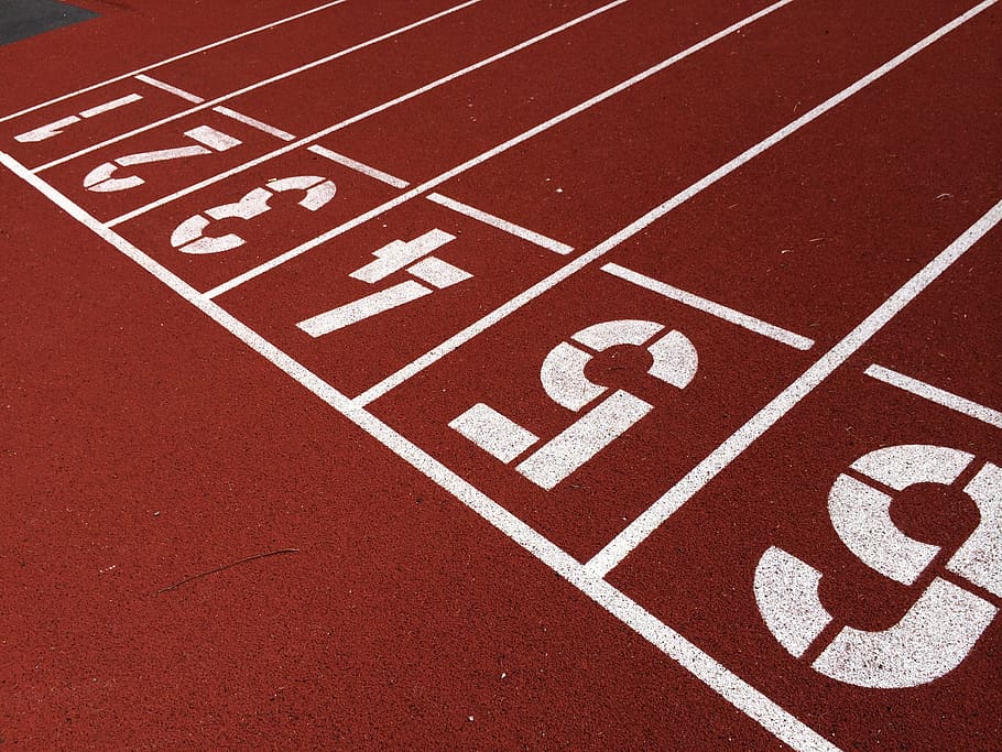 red track field, tracks, field, arena, athletes, numbers, track and field, number, running track, competition