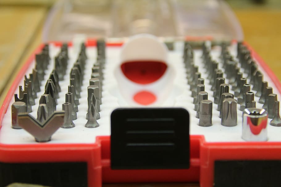 bits, drill, towers, equipment, technology, in a row, close-up, red, focus on foreground, indoors