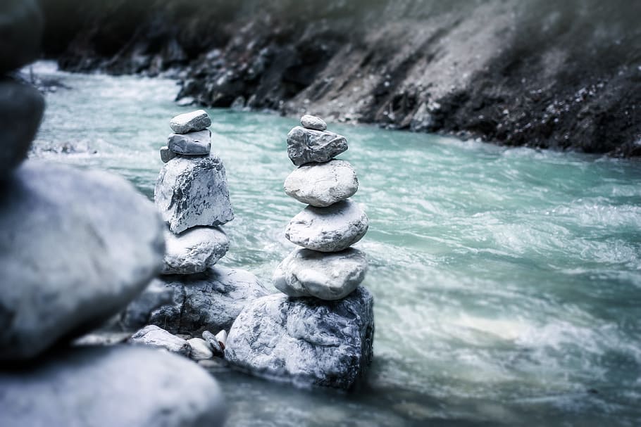 shallow, focus photography, gravity stones, mood, nature, river, water, flow, spring, forest path