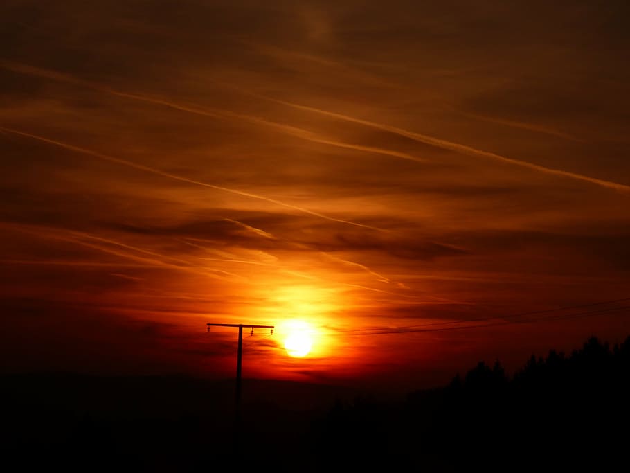 sunset, setting sun, evening, luxembourg, pintsch, utility pole, sky, silhouette, orange color, cloud - sky