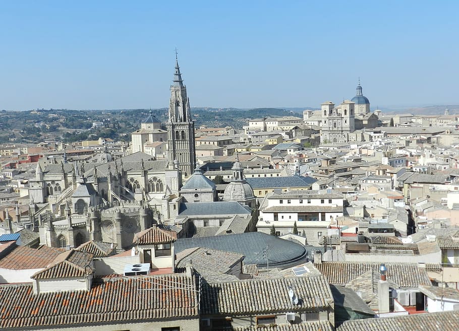 Toledo, España, turista, paisaje urbano, iglesia, arquitectura, techo, catedral, europa, ciudad