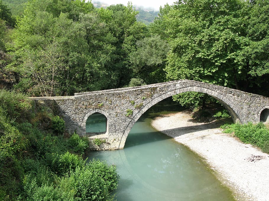 Bridge, Greece, Epirus, Landmark, Zagori, bridge - man made structure, arch, river, tree, water