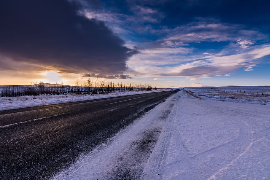 cold, winter, road, snow, ice, slippery, iceland, travel, sunset, sky