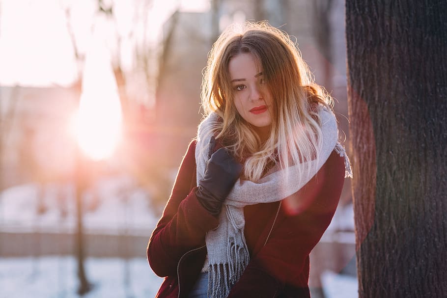 people, woman, beauty, cold, weather, snow, winter, gloves, jacket, sun
