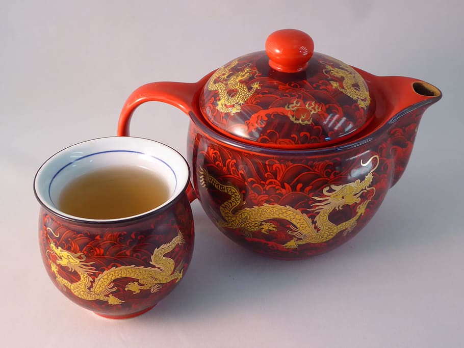 red, brown, dragon print teacup, teapot, tea, cup, pot, tea cup, cup of tea, healthy