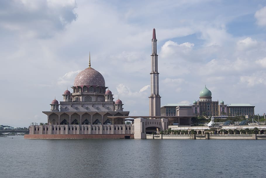 gray, brown, dome building, body, water, mosque, putra, jaya, muslim, islam